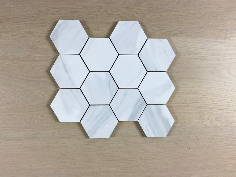Estilo Calacatta-look 328x262mm (sheet size) Polished Hexagon Mosaic Wall Tile (box containing 11 sheets)