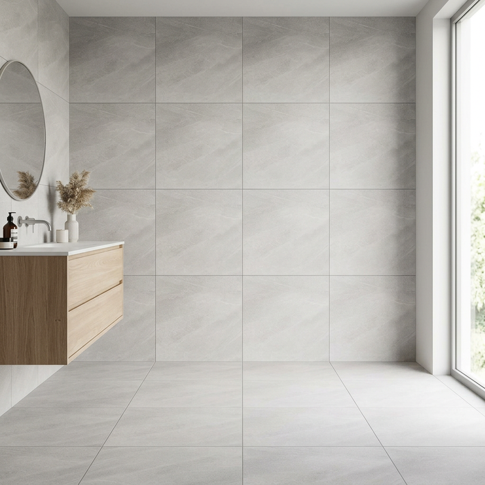 Poetry Stone Piase Ash Matte 600x600mm Floor Tile — bathroom setting