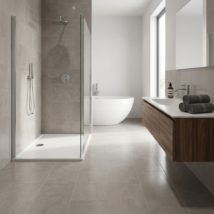 Dwell Gray 450x900mm Polished Finish Floor Tile — bathroom setting
