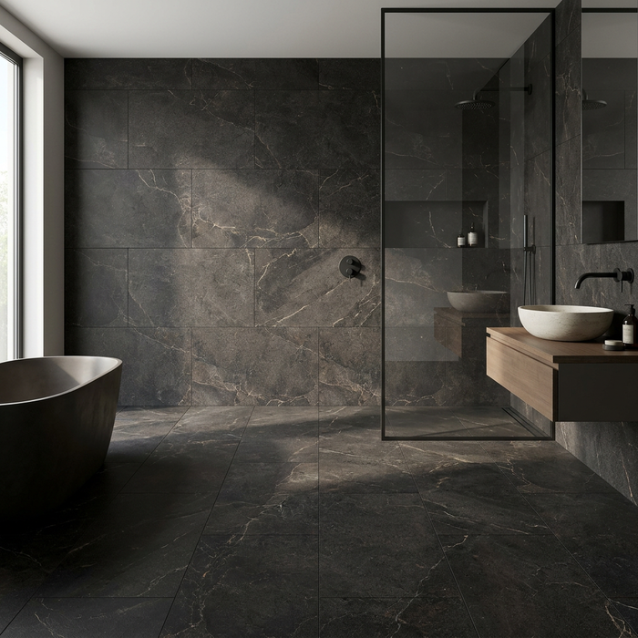 Noble Stone Dark 600x1200mm 3D Satin Wall Tile — bathroom setting