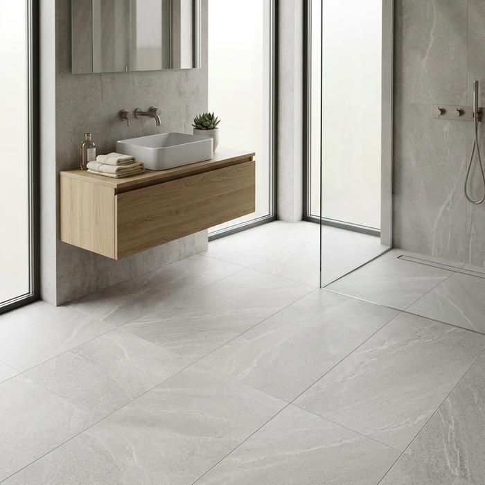 Poetry Stone Piase Ash Grip 600x1200mm Floor Tile — bathroom setting