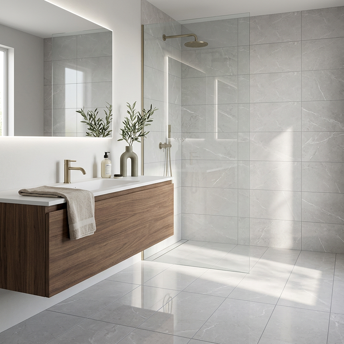 Royal Pietra Light Grey 300x600mm Polished Floor Tile - bathroom setting