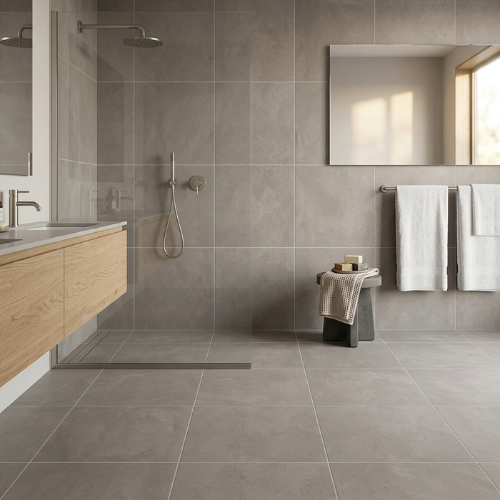 Dwell Gray 600x600mm Matte Finish Floor Tile — bathroom setting