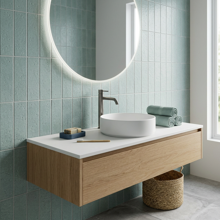 Kalma Blue Lake Matt Wall Tile 60x186mm — bathroom setting