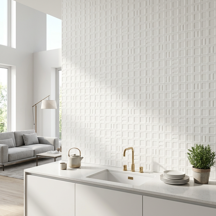 Gravel Square White 400x1200 Wall Tile — kitchen setting