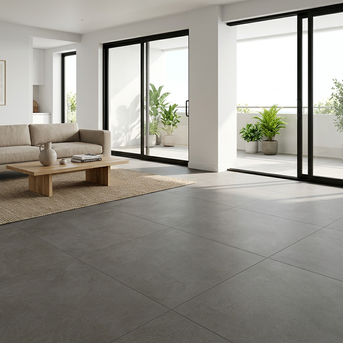 Dwell Smoke 600x600mm Matte Finish Floor Tile — kitchen setting