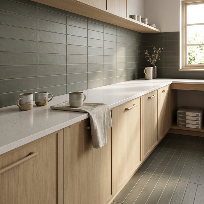 Stromboli Evergreen Matt Floor/Wall Tile 92x368mm — kitchen setting