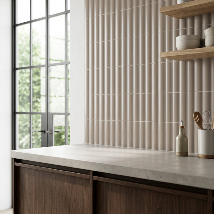 Vibe Out Light Mocha Matt 65x200mm Wall Tile — kitchen setting