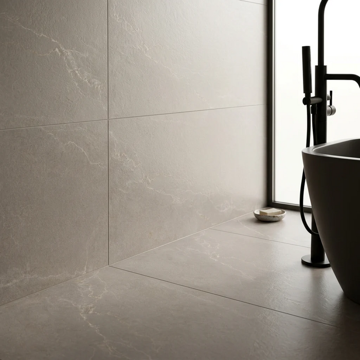 Noble Stone Taupe 600x1200mm 3D Satin Wall Tile — bathroom setting