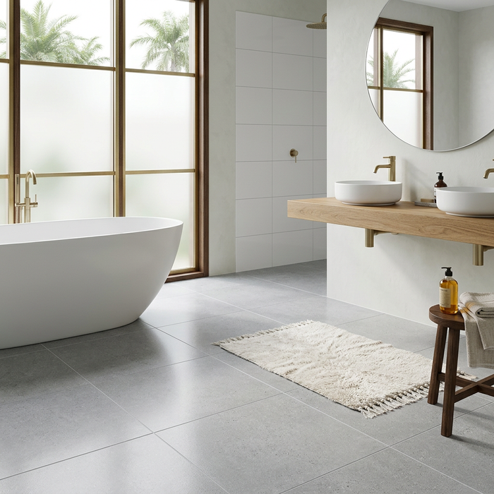 Kai White 600x600mm Lappato Floor Tile — bathroom setting