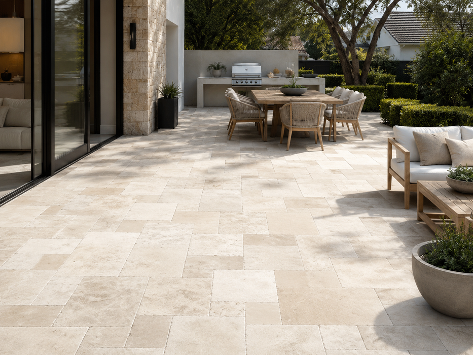 Ivory Mix Travertine Tumbled French Pattern — kitchen setting