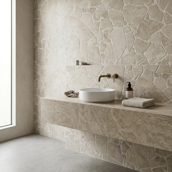 Travertine Ivory Crazy Pave Cross Cut 20mm (per M2) — bathroom setting