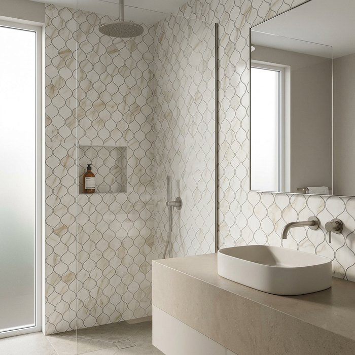 Marvel Royal Calacatta Drop Mosaic 272x297mm sheet White Body Wall Tile — bathroom setting