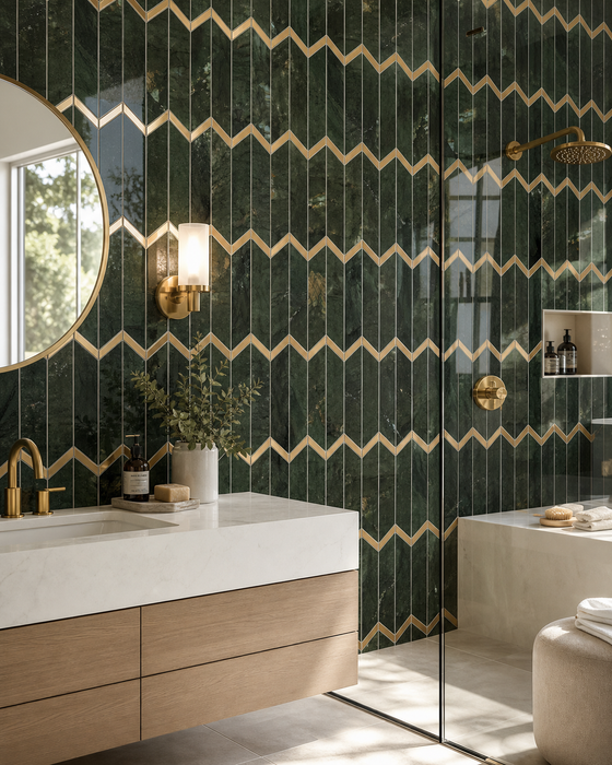 Marvel Chevron Brazil Green 170x414mm sheet Polished White Body Wall Tile — bathroom setting