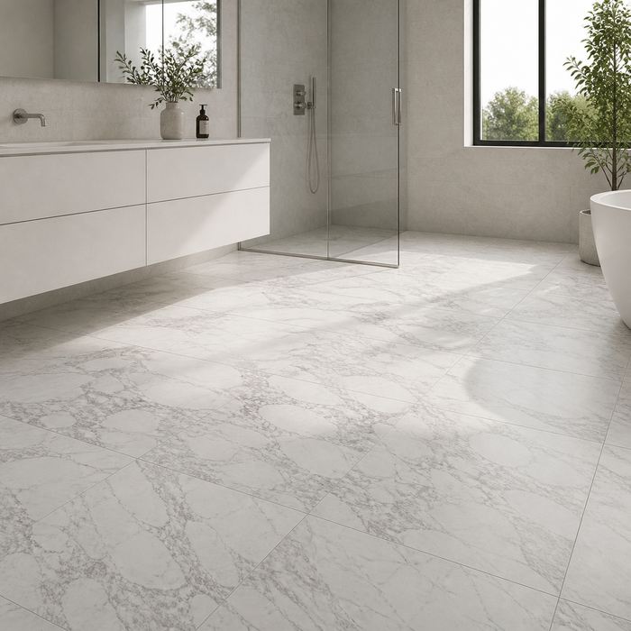 Marvel Pro Statuario Select 600x600mm Satin Finish Floor Tile — bathroom setting