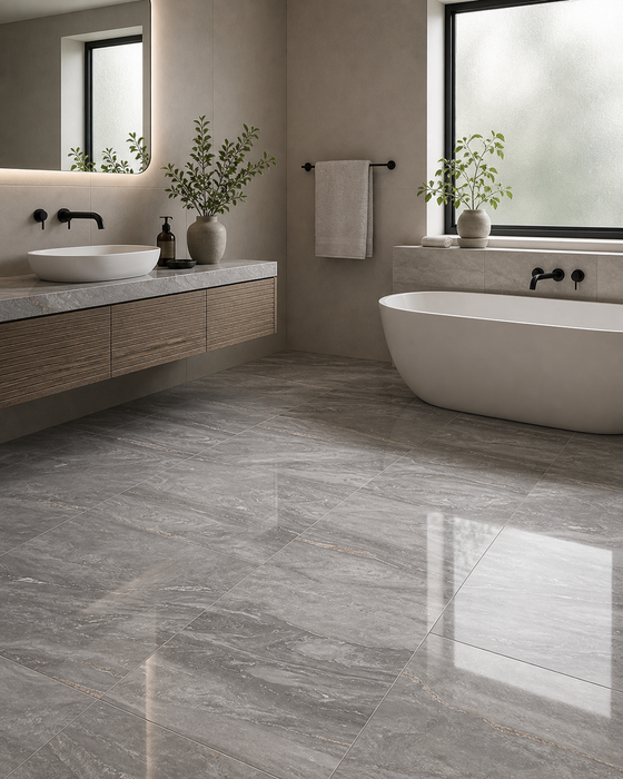 Marvel Dream Morning Sky 600x600mm Polished Finish Floor Tile — bathroom setting