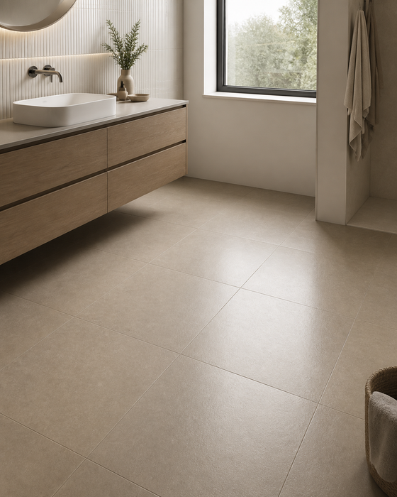 Dwell Greige 600x600mm Polished Finish Floor Tile — bathroom setting