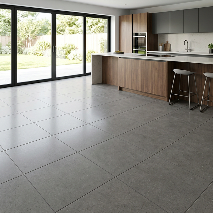 Dwell Smoke 600x600mm Polished Finish Floor Tile — kitchen setting