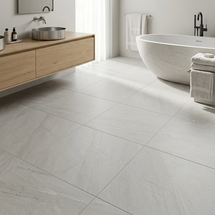 Marvel Stone Clauzetto White 600x600mm Matte Finish Floor Tile — bathroom setting
