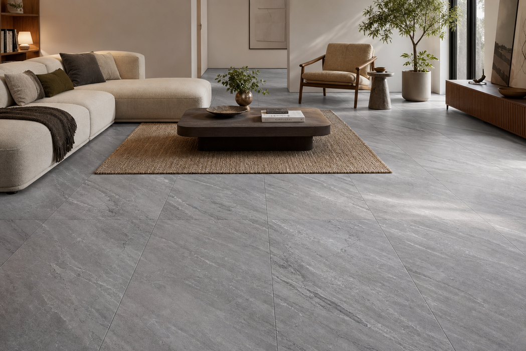 Marvel Stone Bardiglio Grey 450x900mm Matte Finish Floor Tile — living area setting