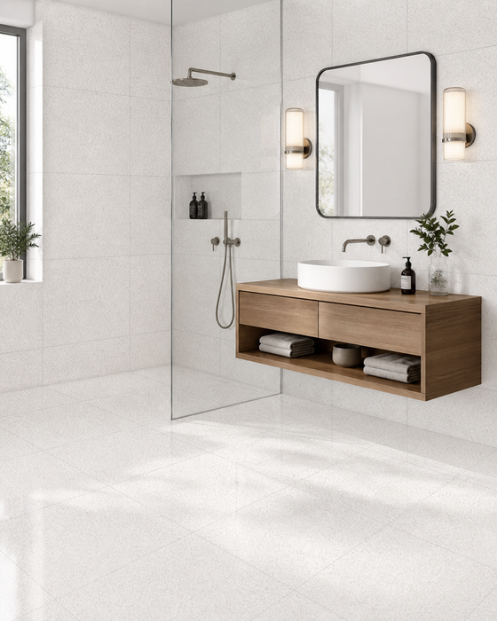 Marvel Gems Terrazzo White 600x600mm Polished Finish Floor Tile — bathroom setting