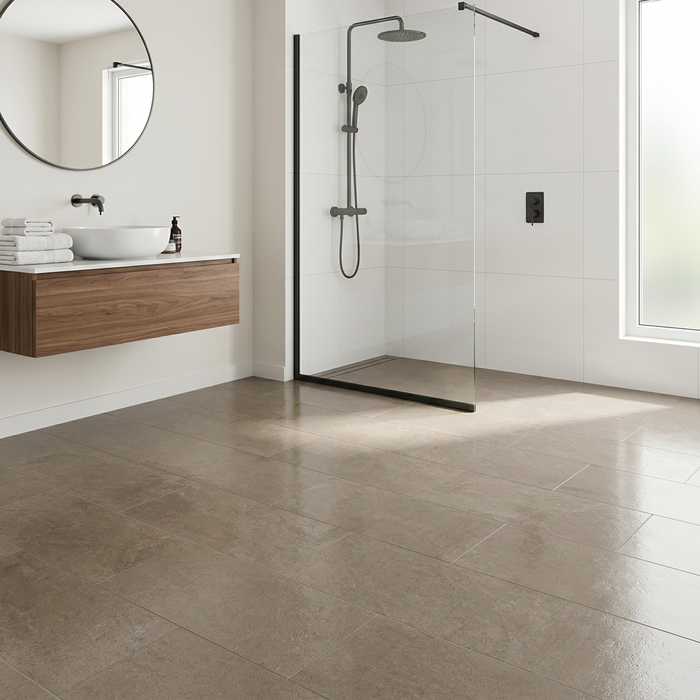 Dwell Greige 300x600mm Polished Finish Floor Tile — bathroom setting
