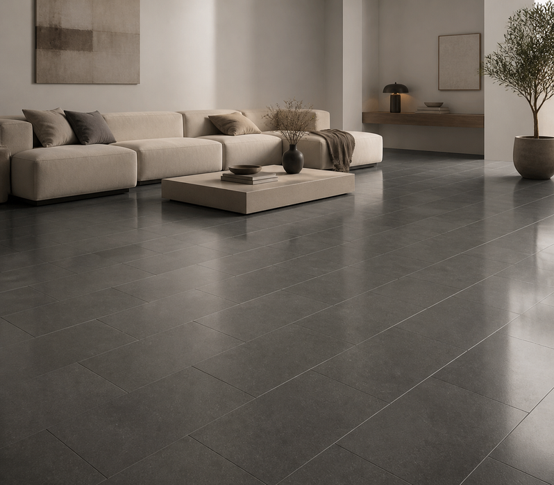 Dwell Smoke 300x600mm Polished Finish Floor Tile — living area setting