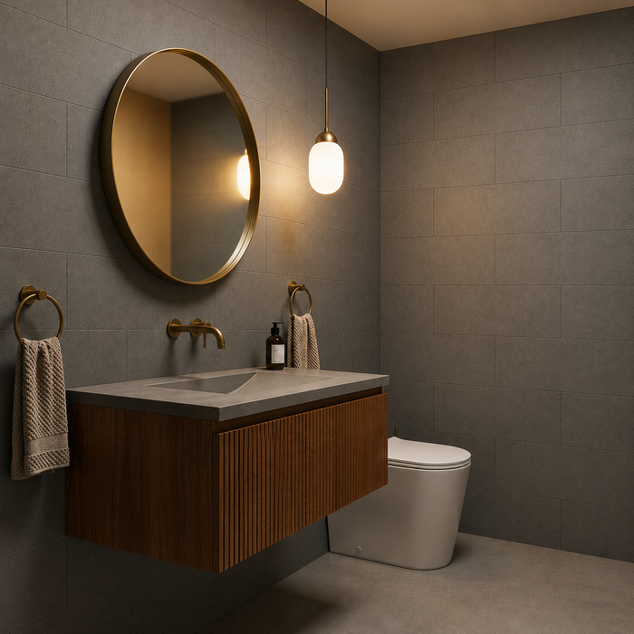 Dwell Smoke 300x600mm Matte Finish Floor Tile — bathroom setting