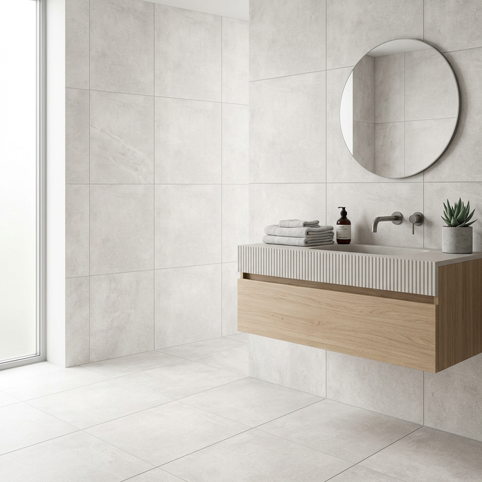 Volcano White 600x600mm Matte Floor/Wall Tile — bathroom setting