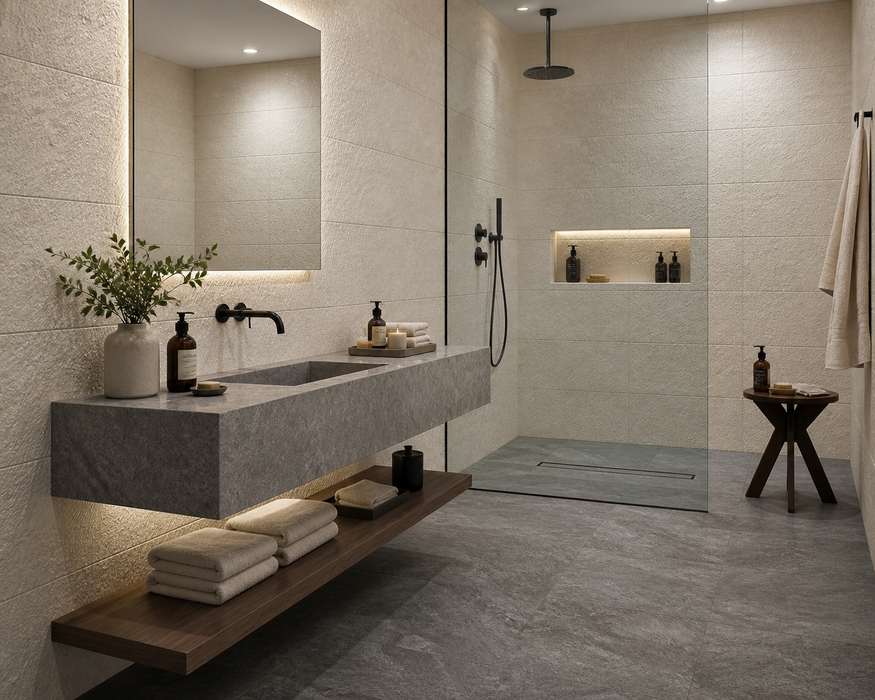 Brave Gypsum 300x600mm Matte Finish Floor Tile — bathroom setting