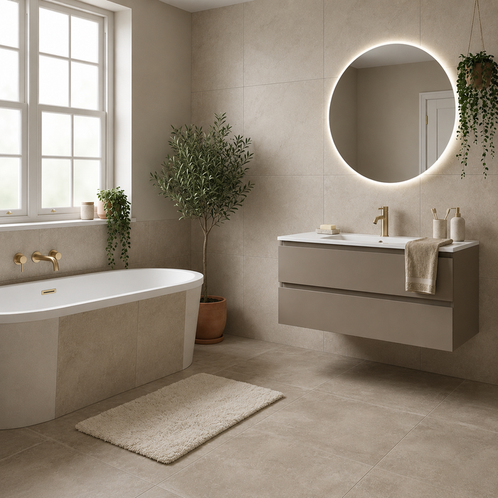 Screed Loft Taupe 600x600mm Matte Floor/Wall Tile — bathroom setting
