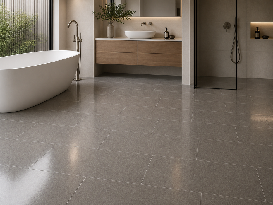 Dwell Smoke 450x900mm Polished Finish Floor Tile - bathroom setting