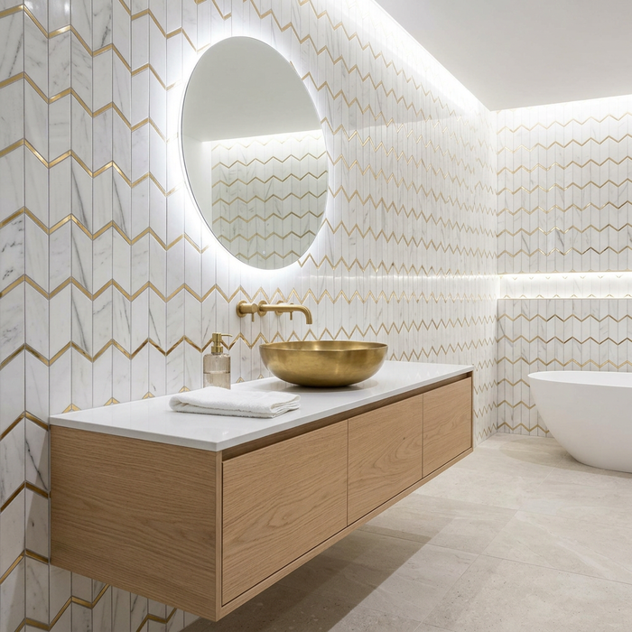 Marvel Chevron Bianco Fantastico 170x414mm sheet Polished White Body Wall Tile (0.42m2 box) - image 2