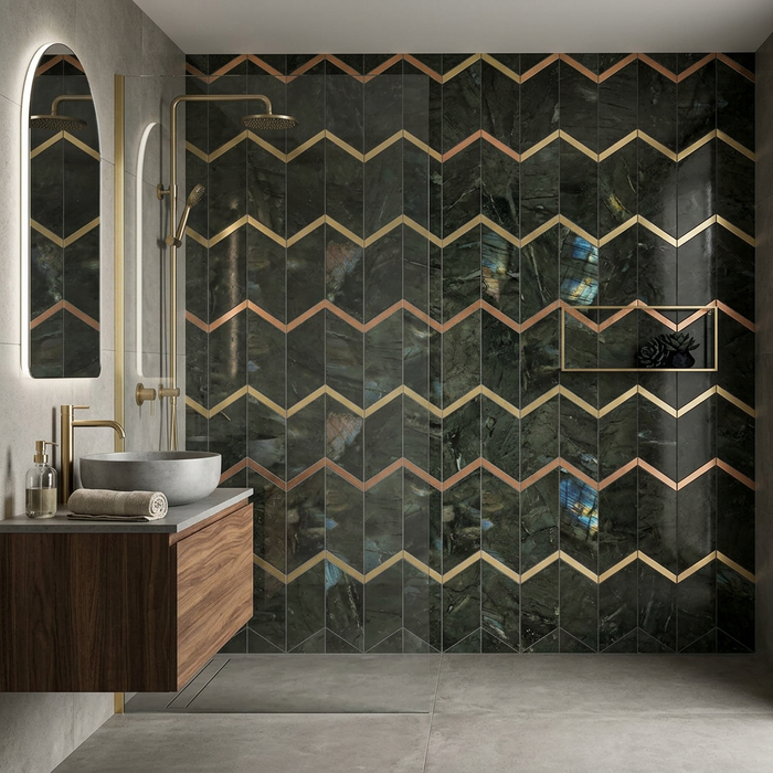 Marvel Chevron Brazil Green 170x414mm sheet Polished White Body Wall Tile (0.42m2 box) - image 2