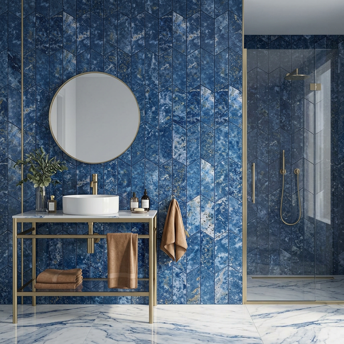 Marvel Chevron Ultramarine 170x414mm sheet Polished White Body Wall Tile (0.42m2 box) - image 2