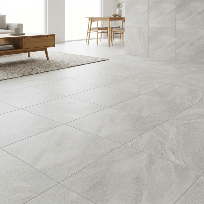 Poetry Stone Piase Ash Matte 600x600mm Floor Tile — living area setting
