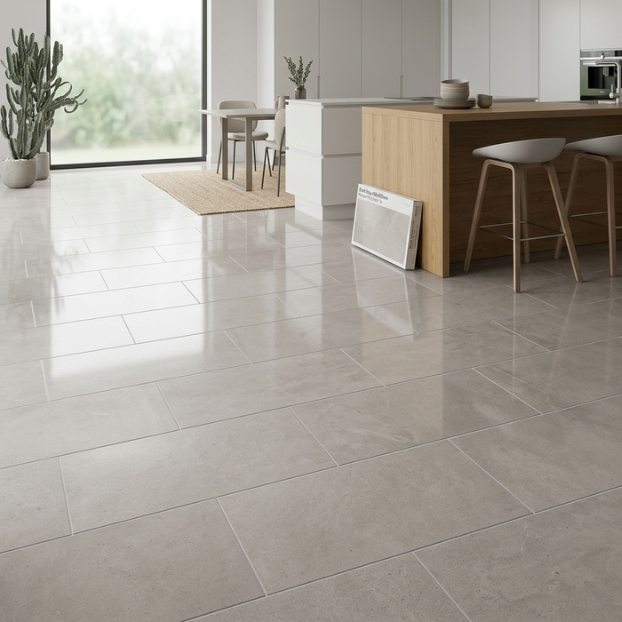 Dwell Gray 450x900mm Polished Finish Floor Tile — kitchen setting