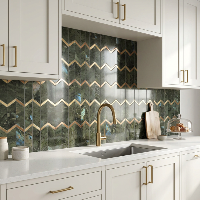 Marvel Chevron Brazil Green 170x414mm sheet Polished White Body Wall Tile — image 3