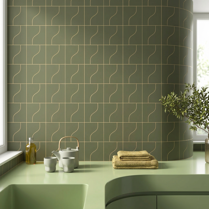 Curve Garden Green Matt 83x120mm Mosaic Wall Tile — kitchen setting