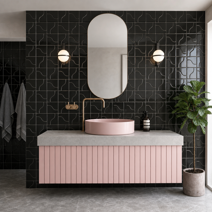 Curve Black Gloss 83x120mm Mosaic Wall Tile — bathroom setting