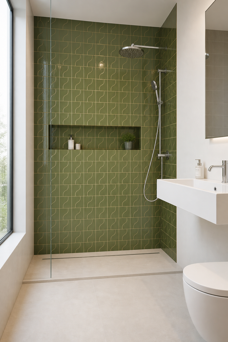 Curve Garden Green Gloss 83x120mm Mosaic Wall Tile — bathroom setting
