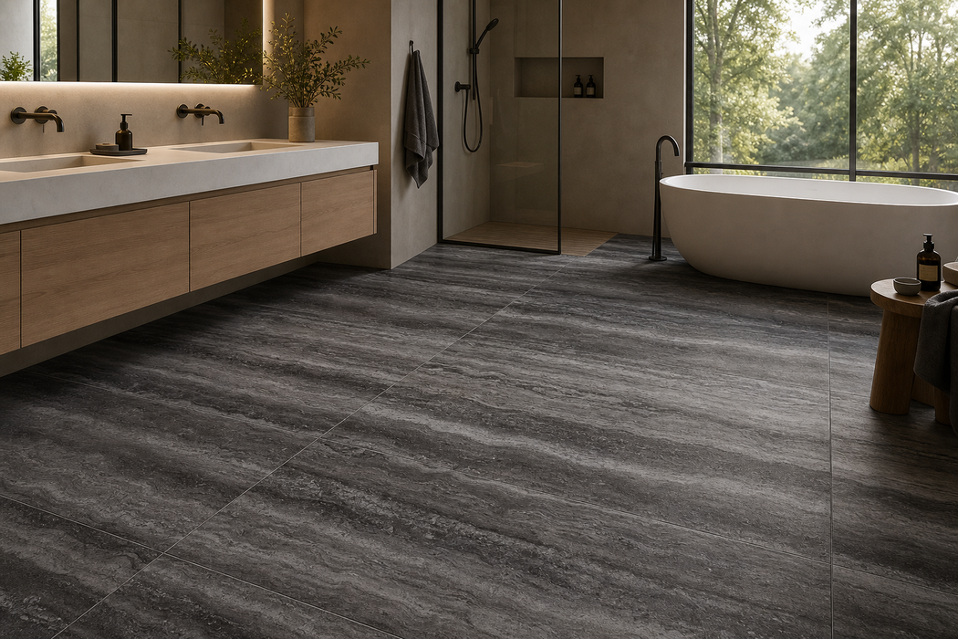Memento Travertino Black 600x1200mm Matte Floor/Wall Tile — bathroom setting