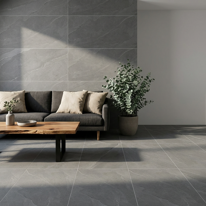 Nord Chromium 600x1200mm Matte Floor/Wall Tile — living area setting