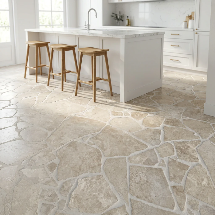Travertine Ivory Crazy Pave Cross Cut 20mm (per M2) — kitchen setting