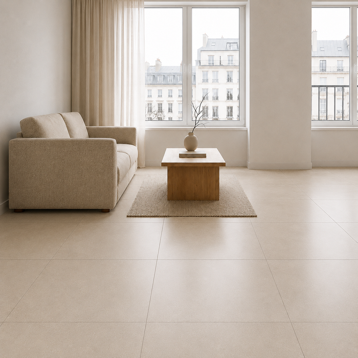Boost Pro Ivory 600x600mm Matte Finish Floor Tile — living area setting