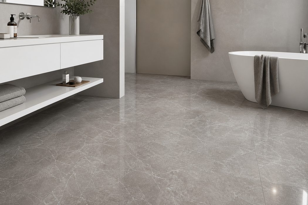 Marvel Pro Grey Fleury 600x600mm Polished Finish Floor Tile — bathroom setting