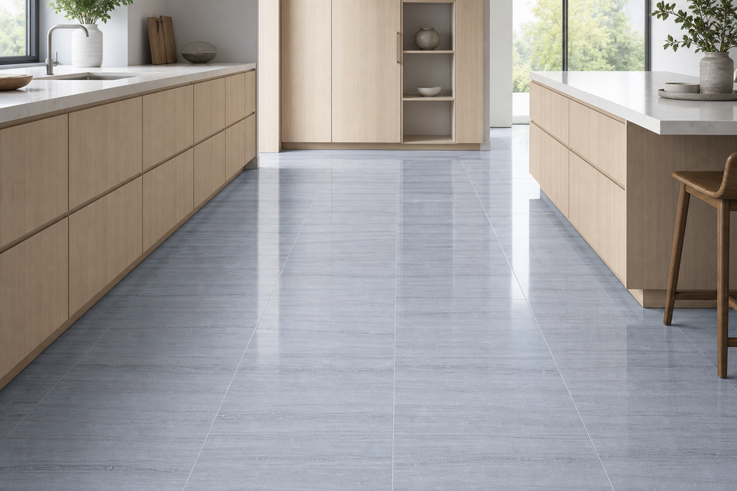 Marvel Dream Morning Sky 600x600mm Polished Finish Floor Tile — kitchen setting