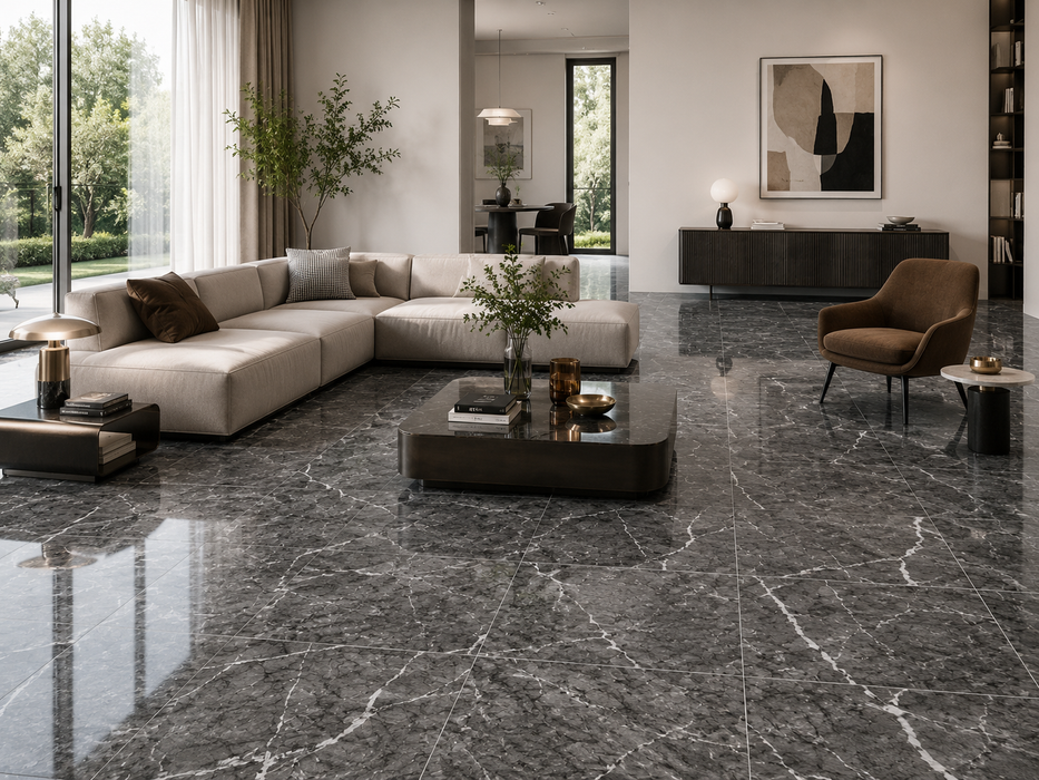 Marvel Dream Grigio Intenso 600x600mm Polished Finish Floor Tile — kitchen setting