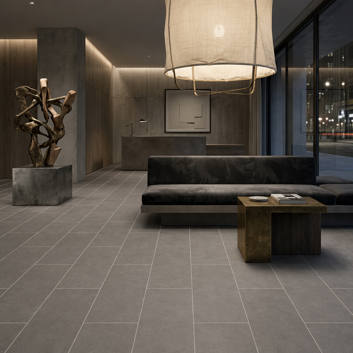 Boost Smoke 300x600mm Matte Finish Floor Tile — living area setting