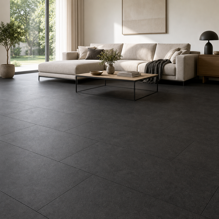 Boost Tarmac 300x600mm Matte Finish Floor Tile — living area setting